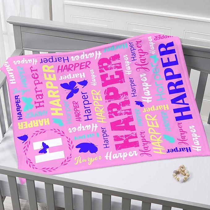 Ship Next Day, Personalized Baby Blanket for Boys Girls, Custom Butterflies Blanket with Name Super Soft Plush Flannel, Easter Christmas Brithday Gifts for Baby Shower Kids Toddlers Newborn