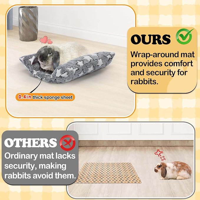 MEWTOGO 15.7" x 14" Bunny Bed for Rabbit Cage, Thickened & Soft | Prevent Sore Hocks Plush Mat with Cotton Lounger Pillows, Small Animal Flop Mat for Hutch Sleeping Indoor, Gray-Star