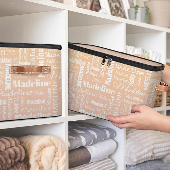 Custom Storage Basket with Name, Personalized Keepsake Box with Zipper Lid, Foldable Fabric Memory Bin Large capacity with Handle Apricot