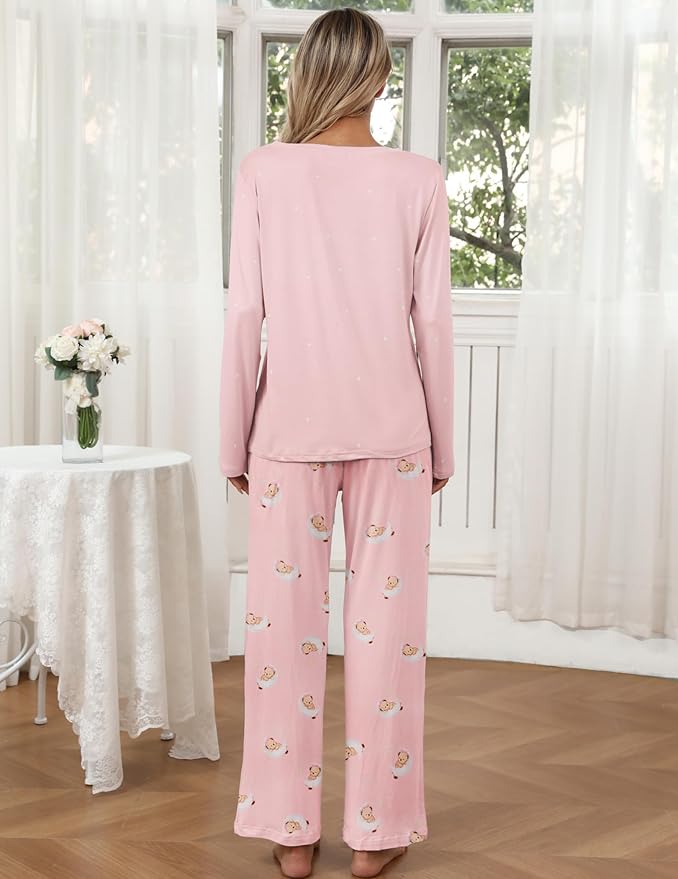 Ekouaer Womens 2 Pack Pajama Set Long Sleeve Pajamas Top and Pants V Neck Pjs Set Soft Loungewear with Pockets