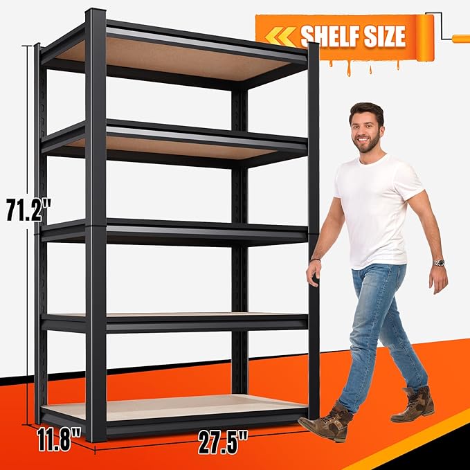 71.2" H Garage Shelving Heavy Duty Storage Shelves, Metal Adjustable Shelving Unit, Utility Garage Organizer Shelf for Basement, Pantry, Kitchen, Warehouse,11.8" Dx27.5 Wx71.2 H Black