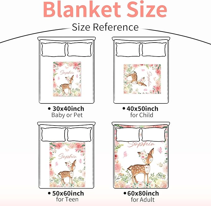 Personalized Deer Baby Blanket for Girl, Custom Name Blanket for Newborn Girl, Soft Flannel Toddler Blanket Customized Gift for Birthday Christmas Baby Shower 60" X 80"