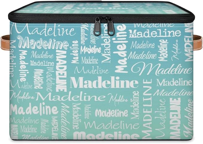 Custom Storage Basket with Name, Personalized Keepsake Box with Zipper Lid, Foldable Fabric Memory Bin Large capacity with Handle Grey Blue Green