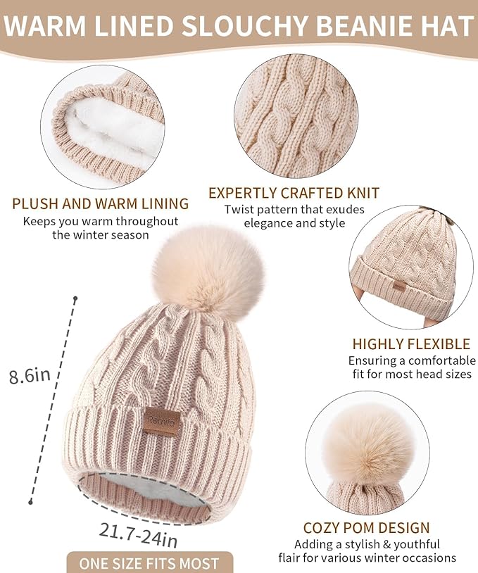 Remifa Winter Hat Scarf Gloves Set for Women, 3 PCS Beanie Hat Touchscreen Glove Long Neck Kint Scarf Valentines Gifts
