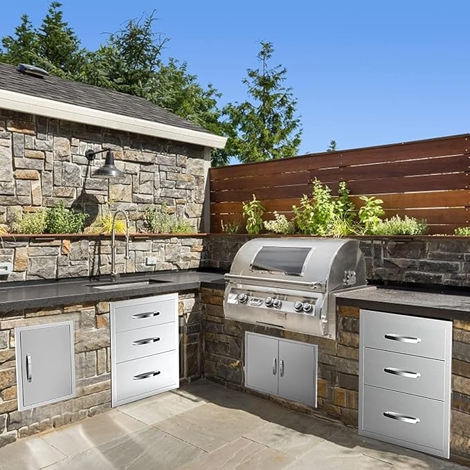 Outdoor Kitchen Drawers Stainless Steel 14W X 21H X 23D Inch, Flush Mount Triple BBQ Island Drawers with Handle for Outdoor Kitchens, Patio or Grill Station