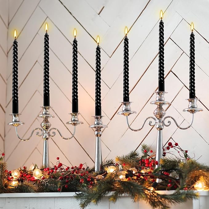 12-Pack 10' Tall Black Spiral Taper Candle Set - Dripless, Smokeless for Halloween&Christmas, Unscented Candlesticks, Dripelss Tapered Candles for Table Rituals,Memorial Prayer Wiccan Rituals.