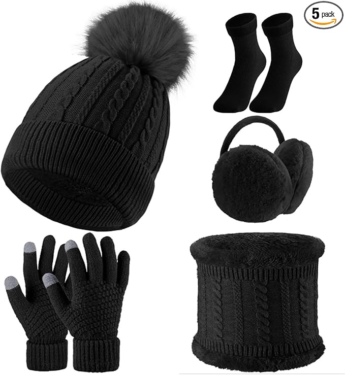SATINIOR 5 Pcs Winter Hat Scarf Gloves Set Fleece Lined Knit Beanie Hat Warm Touch Screen Gloves Earmuff Warmer for Women(Black,Beauty Style)