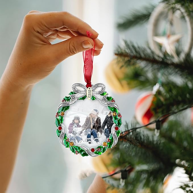Christmas Tree Ornament Picture Frame Metal Hanging Pendant Holiday 2.5" Photo Frame Charm Decorative of Pets, Baby First Christmas, Family (2025 Christmas Wreath)
