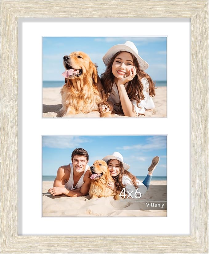 Vittanly 8x10 Collage Picture Frame, Displays 2Pcs 4x6 Pictures with Mat or 1Pcs 8x10 without Mat, Photo Frame for Wall Mounting or Table Top with Stand, Cornsilk, 1 Pack