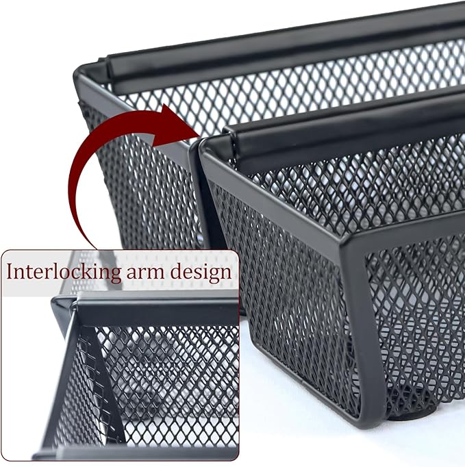 2PCS Drawer Organizer, Mesh Drawer Organizer with Interlocking Arm for Utensil, Cosmetic, Flatware, Pen (9 * 3 * 2 Inches, Black)