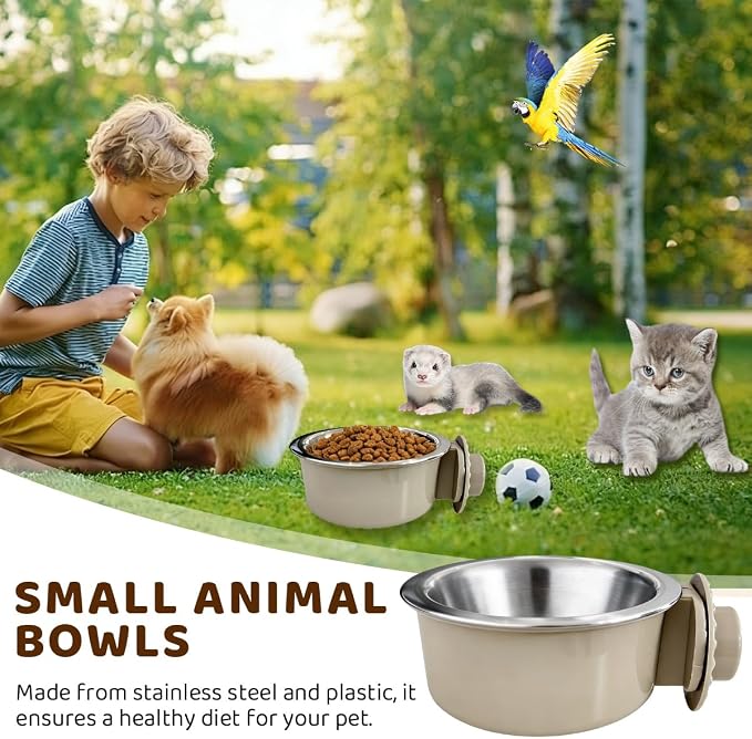 2Pcs Pets Lightweight Stainless Steel Bowl,Removable Stainless Steel Pet Hanging Food Water Feeder Bowl for Puppy Dog Cat Rabbit Ferret Bird Gunea Pigs (Gray-Large)
