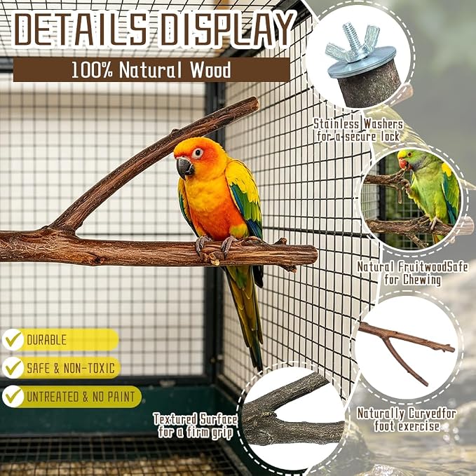 Bird Perch Swing for Cage Accessories - Natural Wood Parrot Perch for Parakeet Budgie Cockatiel Toys
