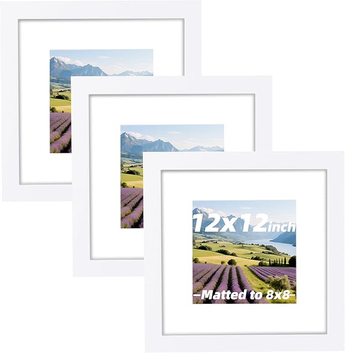 3 Pcs 12x12 White Picture Frame - Display Pictures 8x8 with Mat or 12 x 12 without Mat - White Wood Picture Frames for Wall Mounting - Wooden Photo Frame for 12 12 Matted to 8x8 Print Set of 3