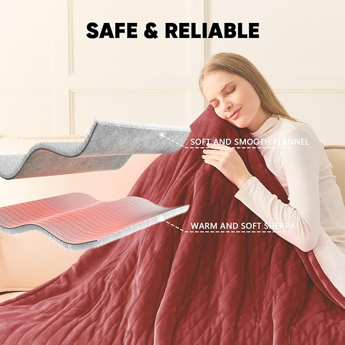 greenoak Heated Blanket Electric Full 72"X84", Heating Blanket with 10 Levels 1/2/4/6/8 Hours Auto-Off, Flannel Sherpa Soft Warm Heater Christmas Blanket,Red