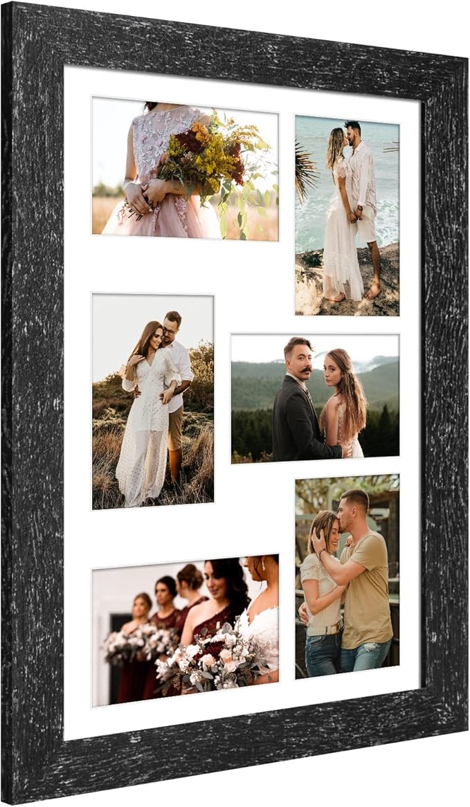 11x17 Picture Frame Display 6 picture frame collage 4x6,Multi Photo Frame with Mat,Plexiglass,Wall Mount Decor,Black Wood Grain