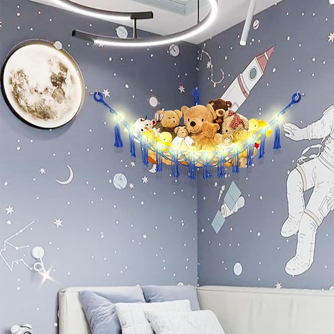 CERETIA Stuffed Animal Hammock with LED Light, Large Stuffed Animals Storage Corner Plushie Net for Kids Room Decor, 2 Packs Royal Blue
