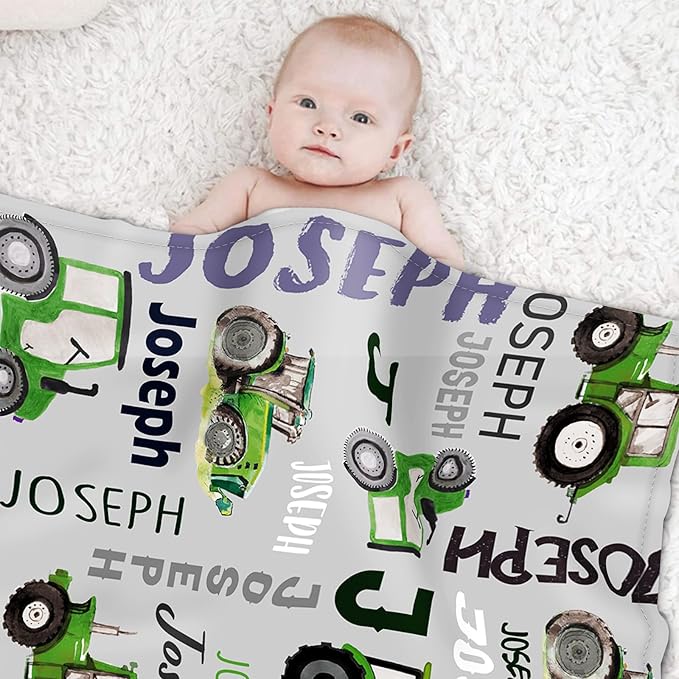 Personalized Tractors Blanket - Custom Name with Farm Tractor Trucks Design - Soft Plush Flannel Bed Blanket for Baby Kid Teen Boys Girls Customized Gifts Light Grey