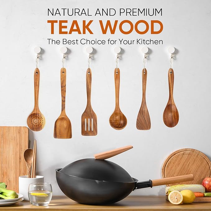 EZuncle 6 Piece Wooden Cooking Spoon Set - Ideal For Non-Stick Pans, Heat Resistant Solid Wood, Smooth Teak Cutlery For a Comfortable grip - Lightweight and Durable - Easy to Clean(6 PCS Large)