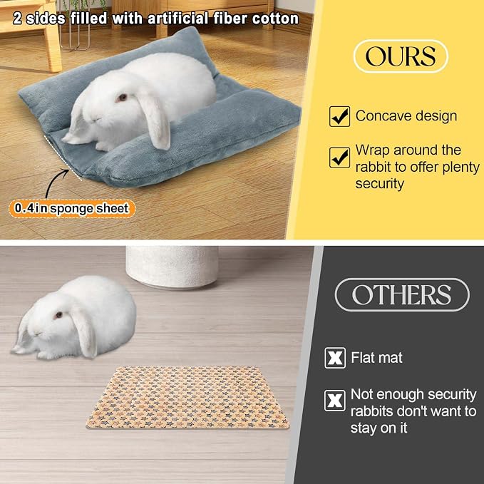 MEWTOGO 14" x 13" Bunny Bed for Rabbit Cage, Thickened & Soft | Prevent Sore Hocks Plush Mat with Cotton Lounger Pillows, Small Animal Flop Mat for Hutch Sleeping Indoor, Gray