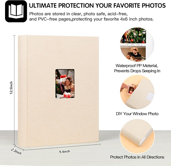 XFveivoo Photo Album 4x6 450 Photos with Writing Space,4 x 6 Photo Book Linen Cover with Front Window, 4x6 Picture Album 450 Photos Photo Album Book for Wedding Kids Travel Family Baby Pictures, Beige