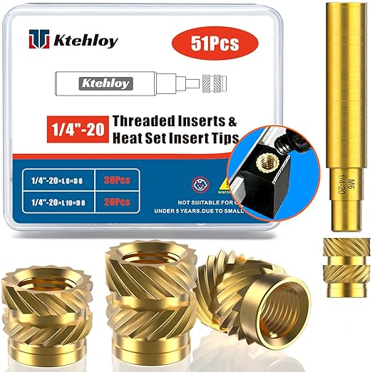 51Pcs 1/4"-20 Threaded Inserts, Female Thread SAE Knurled Nuts Assortment Kit, Brass Heat Set Insert for 3D Printing Plastic Parts (1/4"-20, L8×D8 and L10×D8)