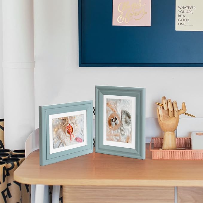 4x6 Double Hinged Picture Frame Folding Photo Frame Horizontal and Vertical in Teal Blue Pine Wood with Real Glass for Tabletop X2-LAN-HS46