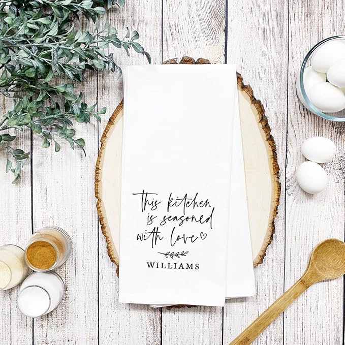 Andaz Press Personalized Kitchen Towel, Flour Sack Tea Towel, This Kitchen is Seasoned with Love Custom Family Name Kitchen Gifts Birthday for Mom Daughter Grandma, Housewarming Gift for Couples