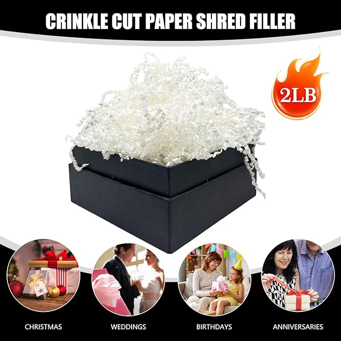 Ivory Crinkle Cut Paper Shred Filler, 2 LB Basket Filler Shredded Paper, Confetti Stuffing for Basket Filling, Halloween, Thanksgiving, Christmas, Birthdays, Gift Wrapping, Stuffer Party Supplies