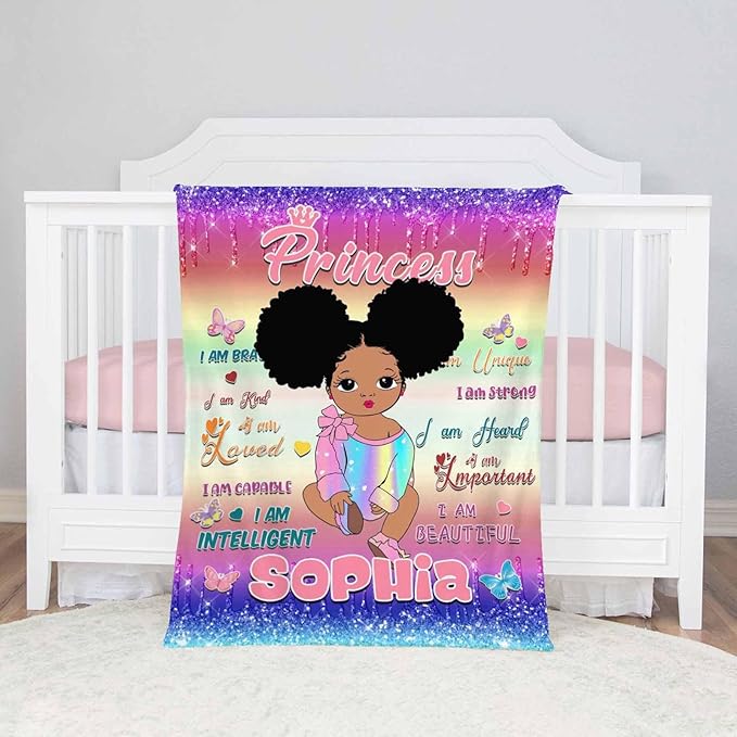 D-Story Personalized Throw Blankets with Name Custom Blankets with Text Customized Blankets for Kids Adults Women Men Personalized Black Girl Blanket Gift