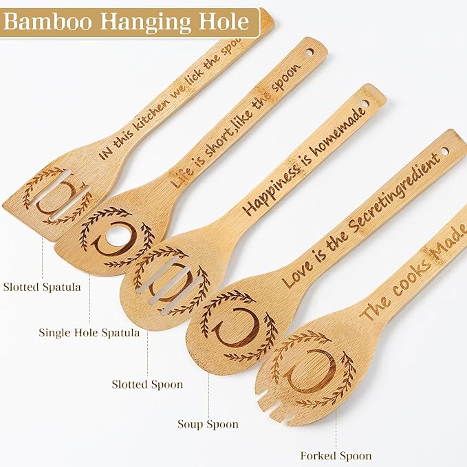 5PCS Initial Wooden Cooking Spoons Initial Letter Kitchen Decor Gifts Personalized Monogrammed Birthday Gifts for Women Mom Friend Housewarming Wedding Bamboo Cooking Spoons