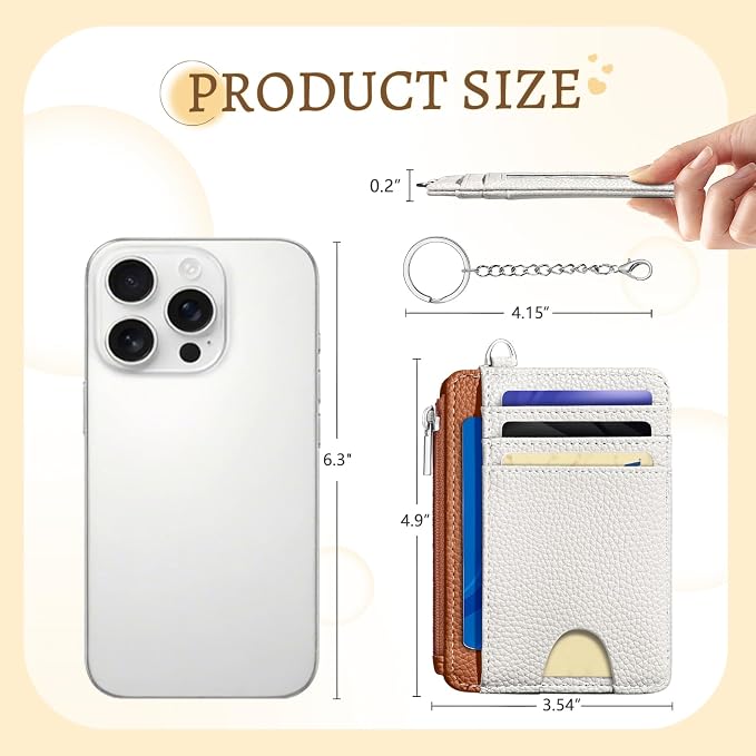 Kelvoris Credit Card Holder Small Wallet Women, Slim RFID, White Caramel | Keychain, Zipper Coin Pocket, Front Pocket Thin Travel Card Case, Minimalist, 6 Card Slots, 1 ID Window, Ladies Gifts Woman