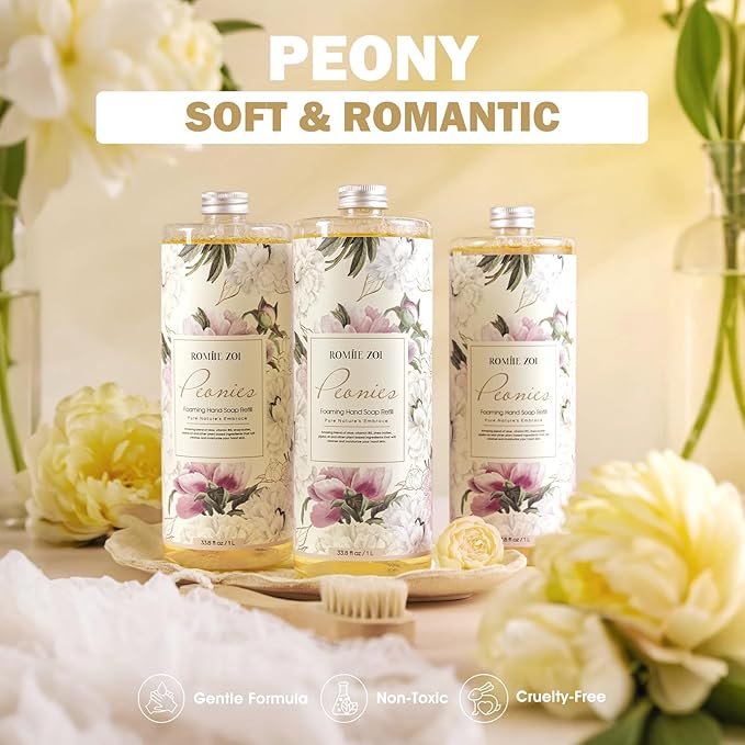 ROMIIE ZOI Foaming Hand Soap Refills 3-Pack (33.8 Fl Oz x 3) with Refilable Dispenser Peony Scented–Chemical-Free for Sensitive Skin, Bulk Refill Bottles for Bathroom & Kitchen Use