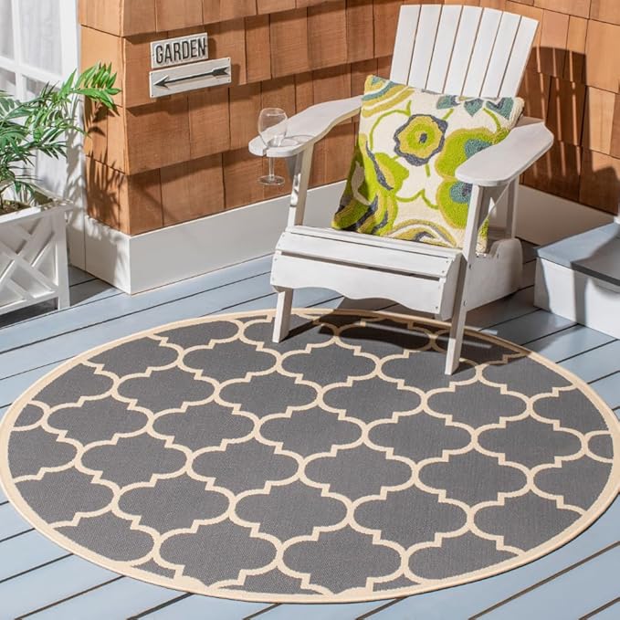 SAFAVIEH Courtyard Collection 5'3" Round Anthracite/Beige CY6914 Trellis Indoor/ Outdoor Waterproof Easy--Cleaning Patio Backyard Mudroom Area--Rug