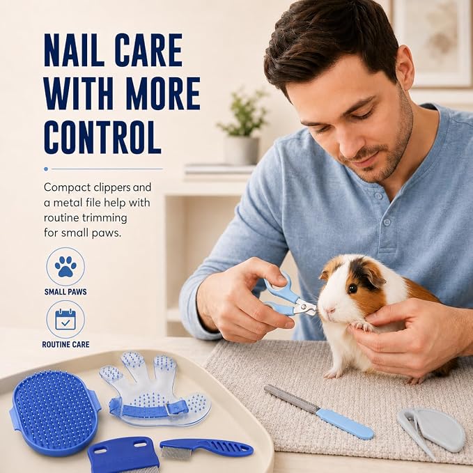 Rabbit Grooming Kit, 7-Piece Bunny Brush and Nail Care, Blue | 7 tools for loose fur, combing, light tangles and nail care; for rabbits, guinea pigs, hamsters and ferrets