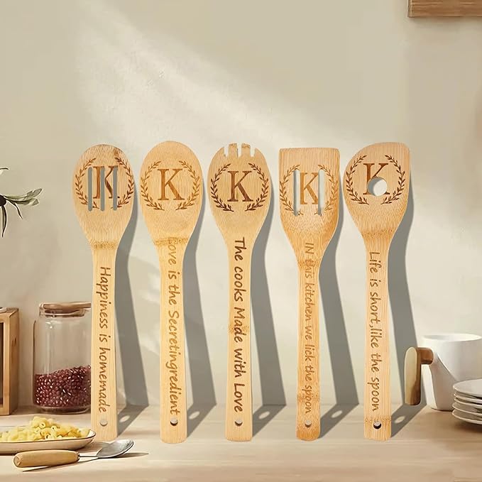 5PCS Initial Wooden Cooking Spoons Initial Letter Kitchen Decor Gifts Personalized Monogrammed Birthday Gifts for Women Mom Friend Housewarming Wedding Bamboo Cooking Spoons