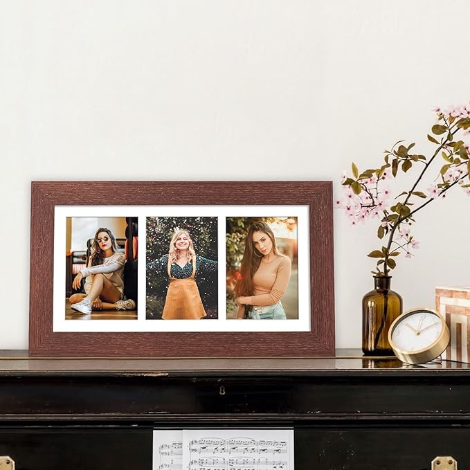 8x16 Picture Frame Display 3 opening Picture Frame 5x7 Collage,Multi Photo Frame with Mat,Plexiglass,Horizontal and Vertical Formats for Wall Decor,Walnut Wood Grain