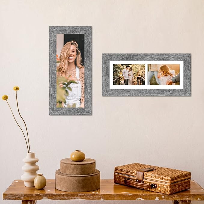 6x15 Picture Frame Display 2 opening 5X7 Double Picture Frame Collage,Multi Photo Frame with Mat,Plexiglass,Horizontal and Vertical Formats for Wall Decor,Grey Wood Grain