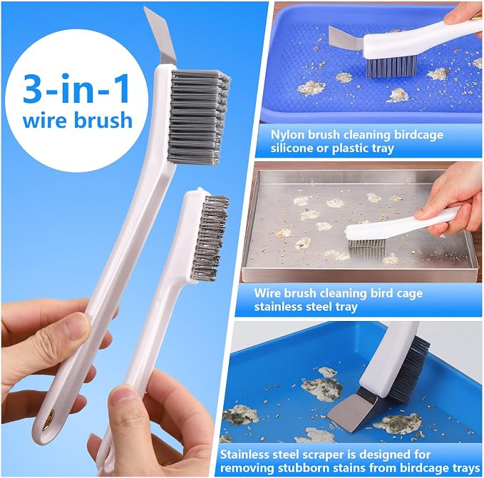 XANGNIER Bird Cage Cleaner Brush Kit Accessories,4 Pcs | Bird Poop Remover Cleaning Tools Set Accessories for Small,Medium,Large,Tall,Parakeet,Budgie,African Grey Parrot Birds Cage