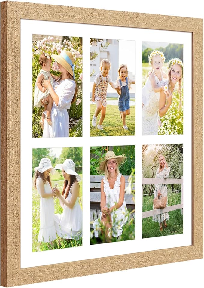 13x13 Collage frame with 6 Openings 4X6 Pictures, Multiple Picture Frame with Mat, Wall or Tabletop Decor, Natural Wood Grain,2 Pack