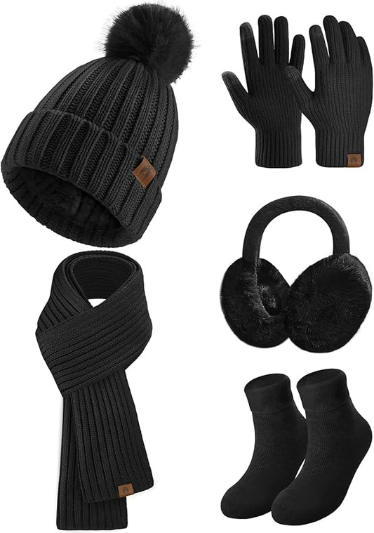 UMIPUBO Winter Beanie Hats Scarf Touch Screen Gloves Fuzzy Socks Ear Muffs 5pcs Set for Women Winter Ski Outing Set