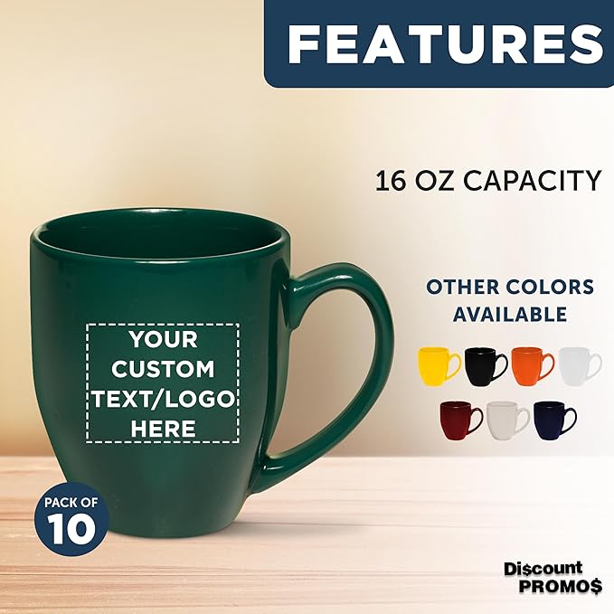 Custom Large Coffee Cups 16 oz. Set of 10, Personalized Bulk Pack - Perfect for Tea, Espresso, Cappuccino, Hot Cocoa - Green