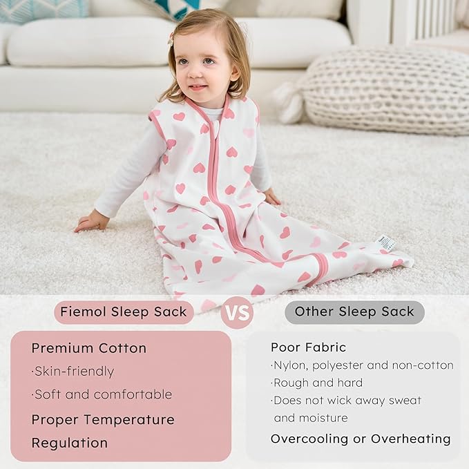 Baby Sleep Sack 18-24 months, 100% Cotton Sleeping Sack for Newborn and Infant, 3 Pack Baby Wearable Blanket for Boy and Girl, 0.5 Tog Lightweight Double Zipper Sleep Bag Pink Heart