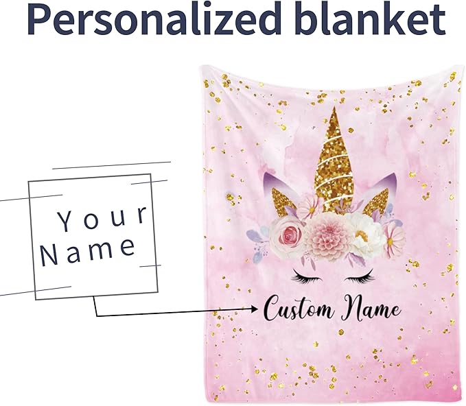 Personalized Unicorn Blanket with Name for Girl, Custom Name Blanket for Teen, Soft Flannel Pink Unicorn Toddler Blanket Customized Gift for Birthday New Year Gift 50''x60''