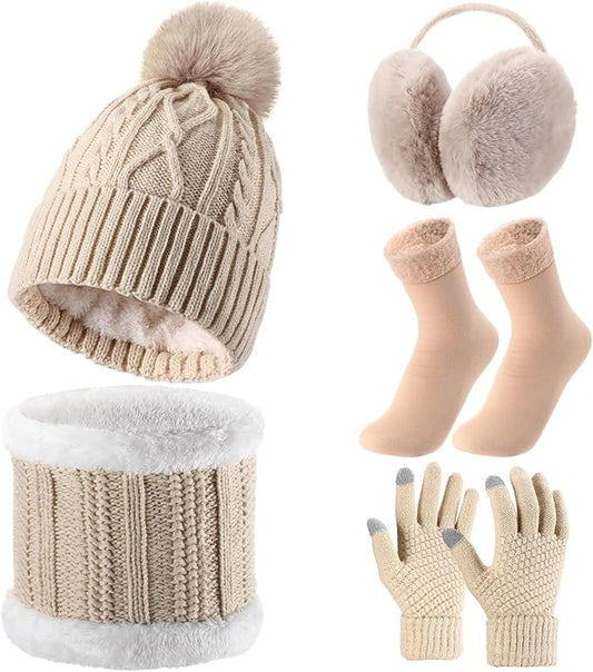 SATINIOR 5 Pcs Winter Hat Scarf Gloves Set Fleece Warm Lined Knit Beanie Hat Touch Screen Earmuff Gloves Warmer for Women(Beige,Rhombus Pattern)