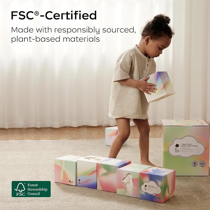 Bc Babycare Lotion Ultra Soft Facial Tissues, 8 Cube Boxes, Hypoallergenic, Plant-based Materials, Clean Gentle Baby Essentials, 60 Tissues Per Box, 5-Ply