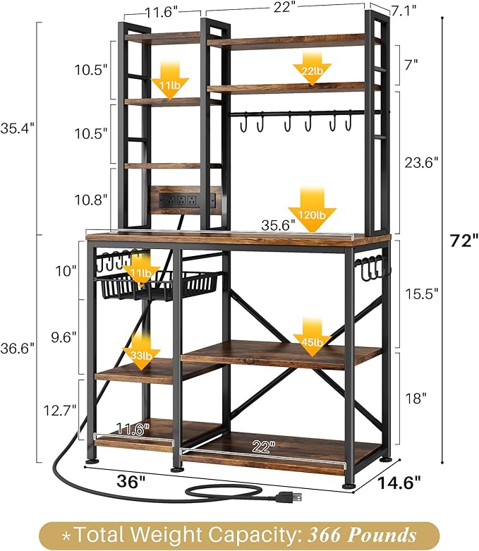SNTD Baker Rack with Power Outlet - Microwave Stand with Storage, Large Coffee Bar Station with 14 Hooks, Metal Kitchen Shelf Rack for Spices, Pots (Rustic Brown) | with Power Outlet, with Storage, with 14 Hooks, for Spices, for Pots