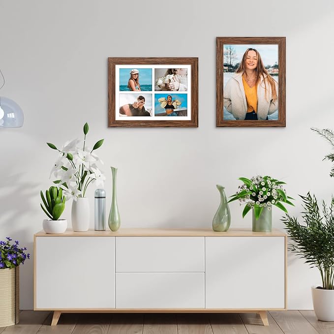 11x15 Picture Frame Display 4 opening 5x7 Picture Frame Collage,Multi Photo Frame with Mat,Plexiglass,Horizontal and Vertical Formats for Wall Decor,Carbonized Brown Wood Grain