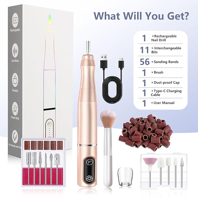 Cordless Nail Drill Electric Rechargeable File Kit, Professional Efile Acrylic Gel Nail Polish Remover Pedicure Manicure Machine Portable Set with 11 Bits 56 Sanding Bands for Salon Home Gold