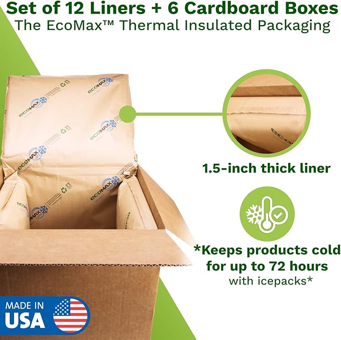 IDL Packaging 10" x 10" x 10" Insulated Shipping Box, 1.5-Gallon Capacity, Pack of 6 - Includes EcoMax™ Thermal-Paper Liners, Absorb Condensation - For Frozen Food, Meat, or Fish