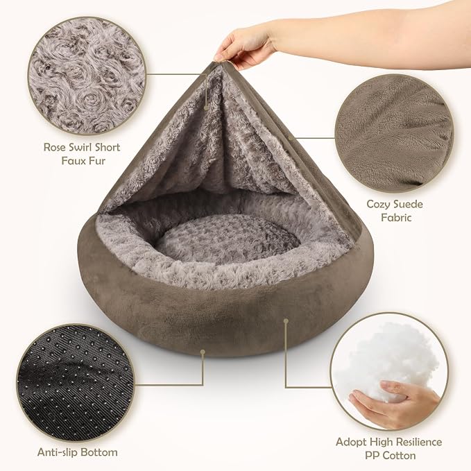 JOEJOY Small Dog Bed Cat Bed with Hooded Blanket, Cozy Cuddler Luxury Puppy Pet Bed, Donut Round Calming Anti-Anxiety Dog Burrow Cave Bed - Anti-Slip Bottom and Machine Washable 23 inch